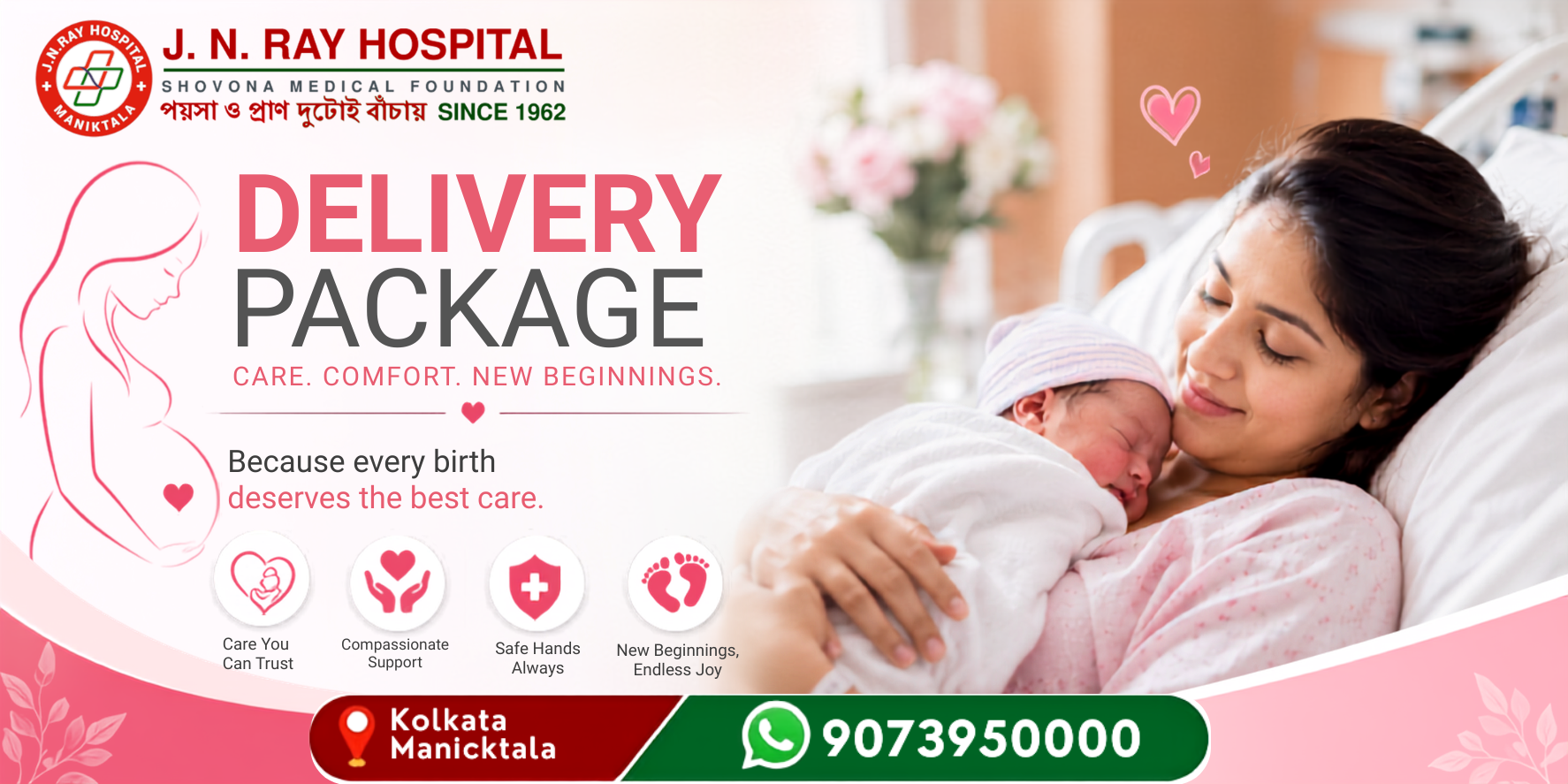 Affordable delivery package at J. N. Ray Hospital, Kolkata – Normal Delivery ₹30,000 and C-Section ₹35,000.